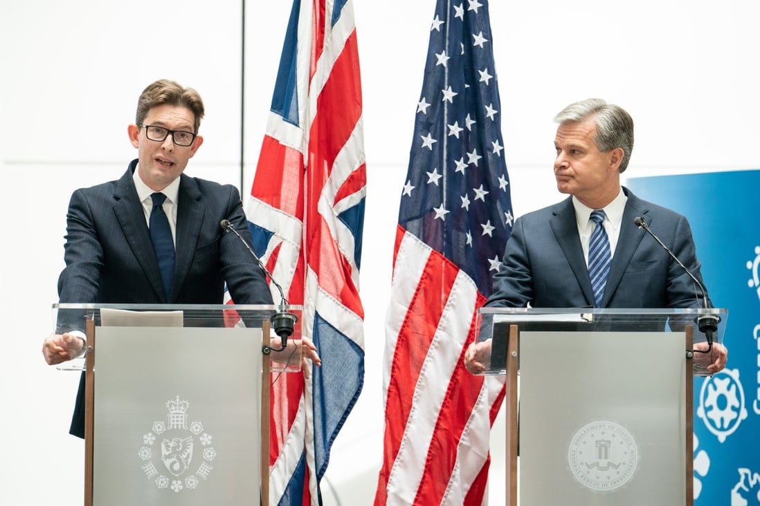MI5 Director General Ken McCallum (left) and FBI Director Christopher Wray give a joint press conference at MI5 headquarters in London on Wednesday. Photo: PA Wire via dpa