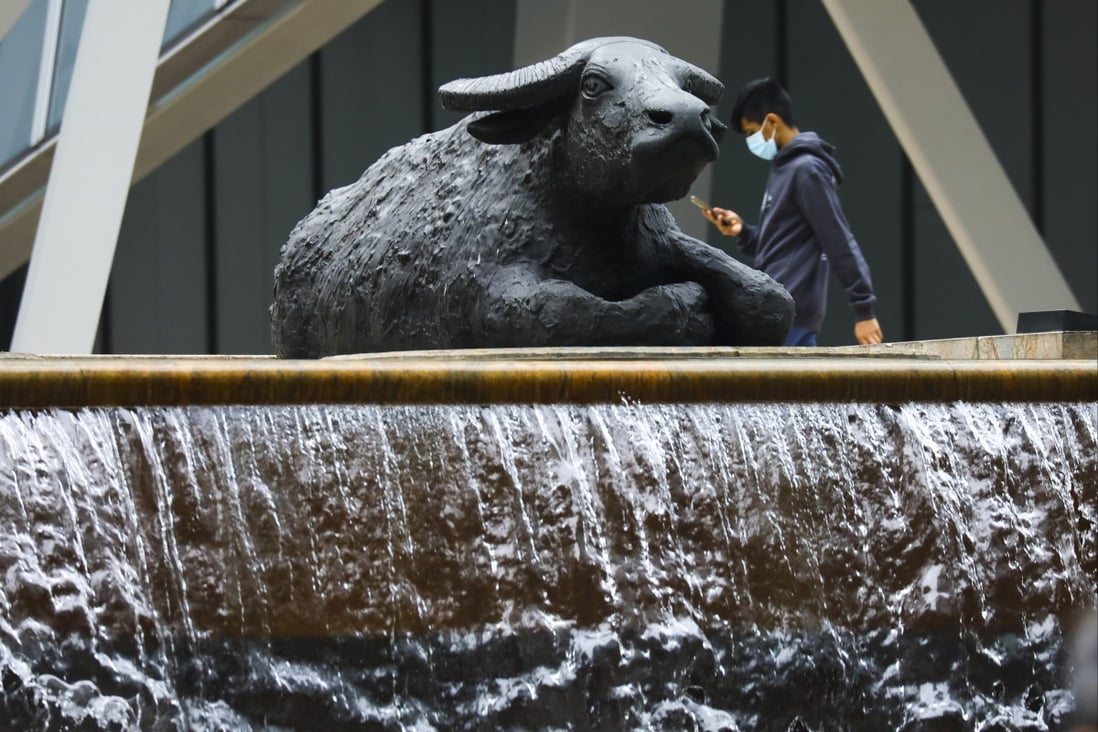 A bull sculpture is displayed outside Exchange Square, home of the Hong Kong Stock Exchange, on January 8, 2021. Photo: SCMP / Dickson Lee