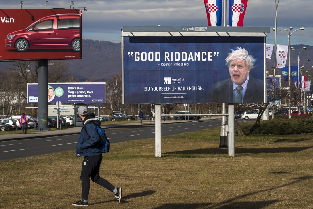An advertising billboard for an English language school depicts Britain’s Prime Minister Boris Johnson in Zagreb, Croatia in February 2020. Photo: AP