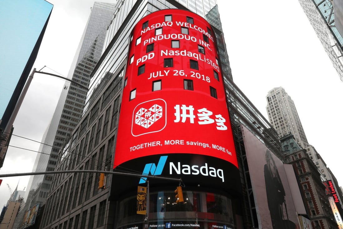 A welcome message on display at the Nasdaq Market Site for Chinese online group discounter Pinduoduo on the Nasdaq exchange in Times Square in New York City on July 26, 2018. Reuters