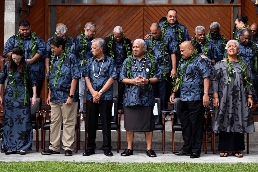 Leaders arrive for the family photo at the Pacific Islands Forum in Suva, Fiji on Thursday. China held virtual talks the same day with political figures and businesspeople from Fiji, Vanuatu, Solomon Islands and Papua New Guinea. Photo: AFP