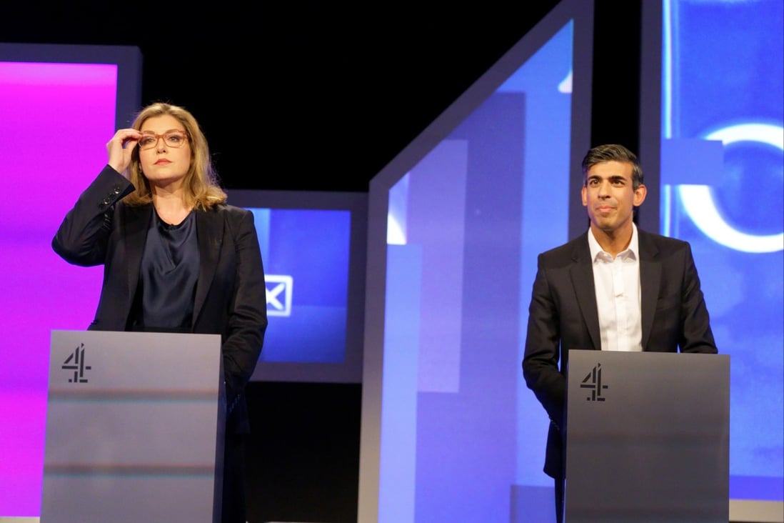 Conservative party leadership contenders Penny Mordaunt and Rishi Sunak speak during the live television debate at Here East studios in Stratford, hosted by Channel 4. Photo: PA Wire/dpa