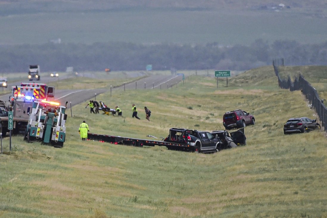 First responders at the scene of a fatal pileup in Montana, US, involving at least 20 vehicles. Photo: AP