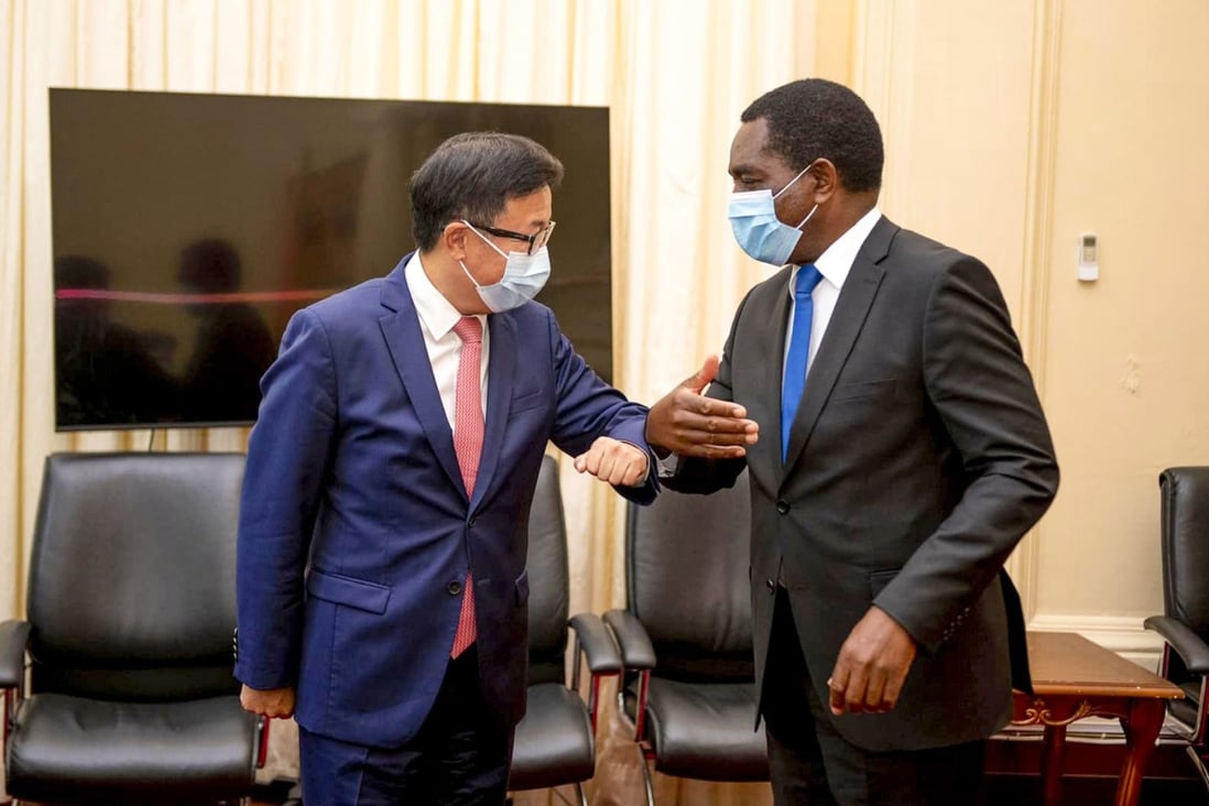 Wu Peng (left), director general of the Foreign Ministry’s African affairs department, meets Zambian President Hakainde Hichilema in Lusaka on June 17. Photo: Handout