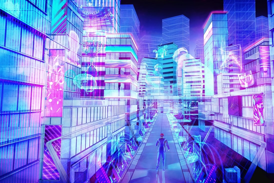 [Shutterstock] Item ID: 2107265612
High angle view on man walk on the digital bridge to futuristic metaverse smart city , blue and violet color tone , 3d rendering picture. Shutterstock Images.