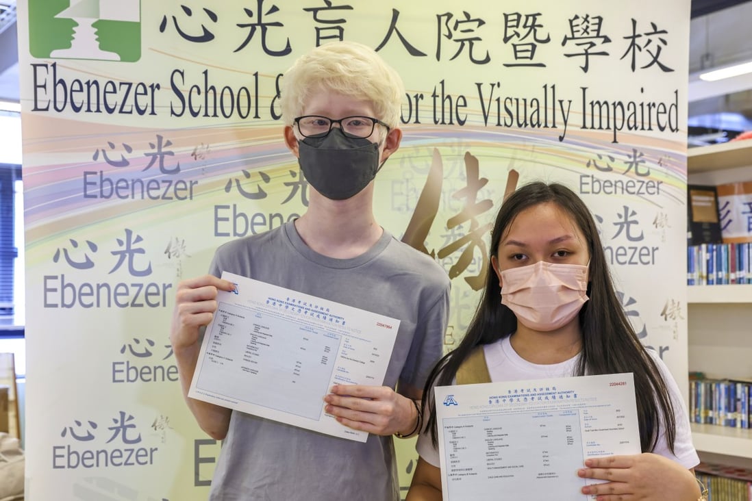 Ebenezer School students Wong Tsz-shing (left) and Leung Sum-wai share their outstanding DSE results. Photo: K. Y. Cheng