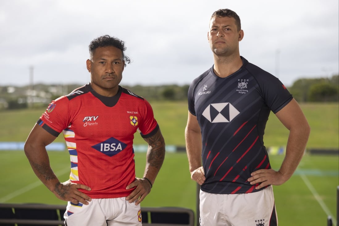 Tonga captain Sonatane Takulua (left) and his Hong Kong counterpart Josh Hrstich ahead of Saturday’s Rugby World Cup qualifier. Photo: Oceania Rugby 