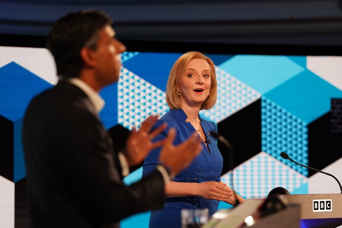 Liz Truss reacts to a comment by Rishi Sunak during a debate on Monday night on the BBC. Photo: AP 