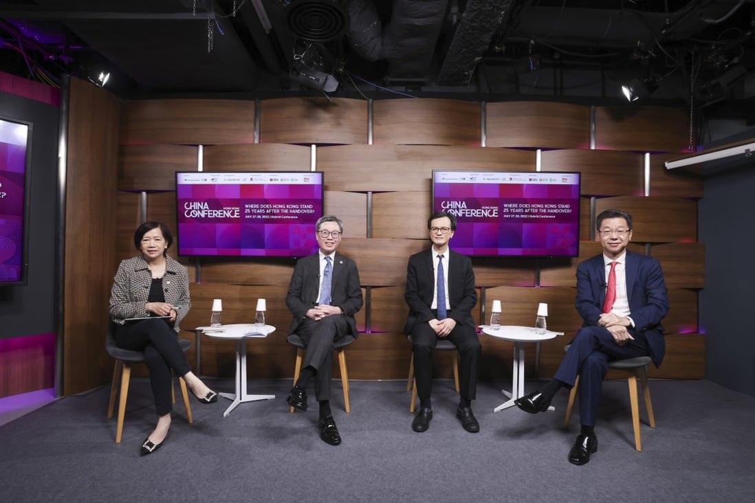 Thursday’s panel at the 2022 SCMP China Conference included, from left, moderator and Deputy Business Editor Peggy Sito, JLL’s Joseph Tsang, HKU’s Chau Kwong-wing and Colliers’ Lau Chun-kong. Photo: Jonathan Wong