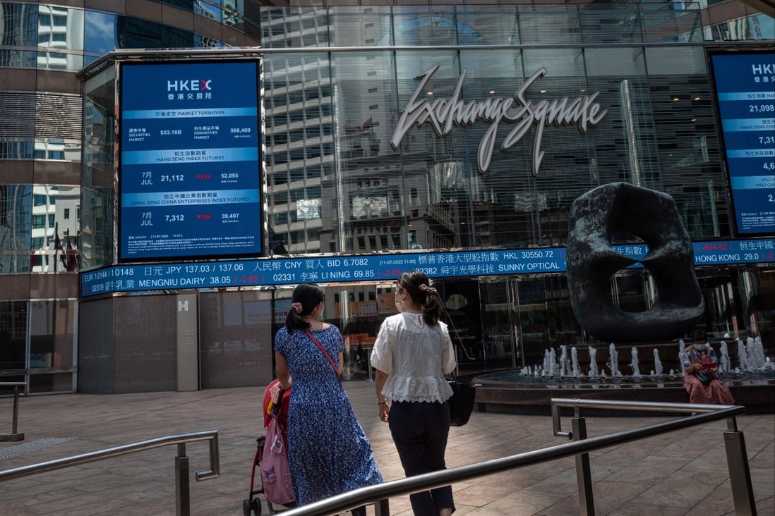 Pedestrians at the Exchange Square in Hong Kong’s Central district, where the city’s bourse is located, on 11 July 2022. Photo: EPA-EFE
