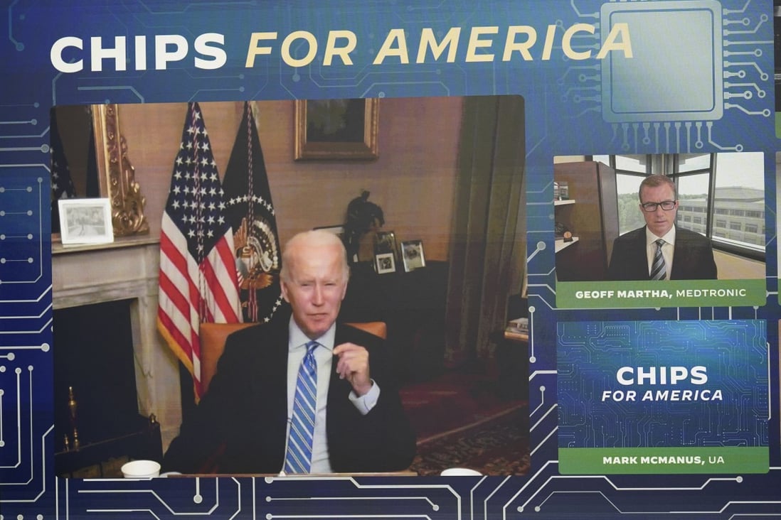 US President Joe Biden speaks virtually during an event in the White House complex on Monday to promote the CHIPS Act, which will bolster domestic semiconductor manufacturing. On Wednesday, the Senate passed the bill, which now heads to the House of Representatives. Photo: AP