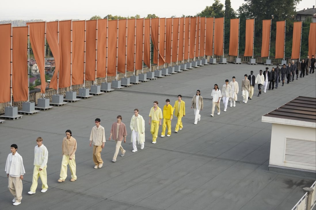 Zegna’s men’s spring/summer 2023 collection was presented on the roof of the Lanificio Zegna wool mill. Photo: AP