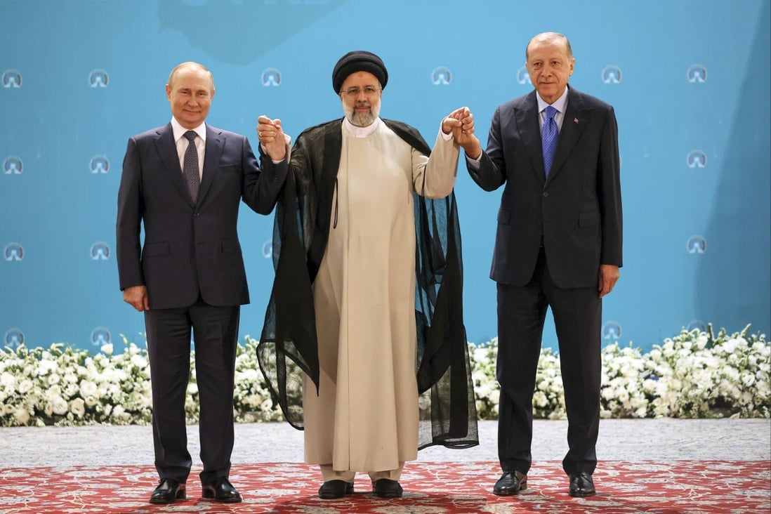 Russian President Vladimir Putin (left), Iran’s Ebrahim Raisi and Turkish leader Recep Tayyip Erdogan (right) during their talks in Tehran on July 19. Photo: Sputnik via AP