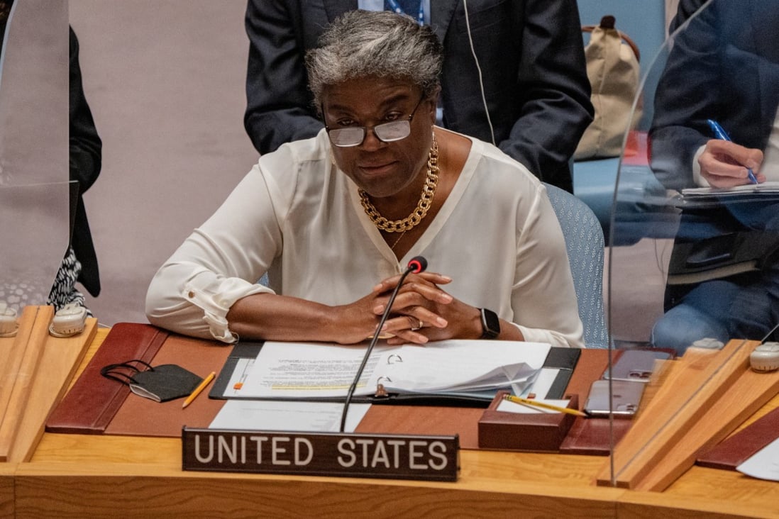 US Ambassador to the UN, Linda Thomas-Greenfield reads a statement during a meeting of the United Nations Security Council about the maintenance of peace and security of Ukraine, at UN headquarters in New York. Photo: Reuters