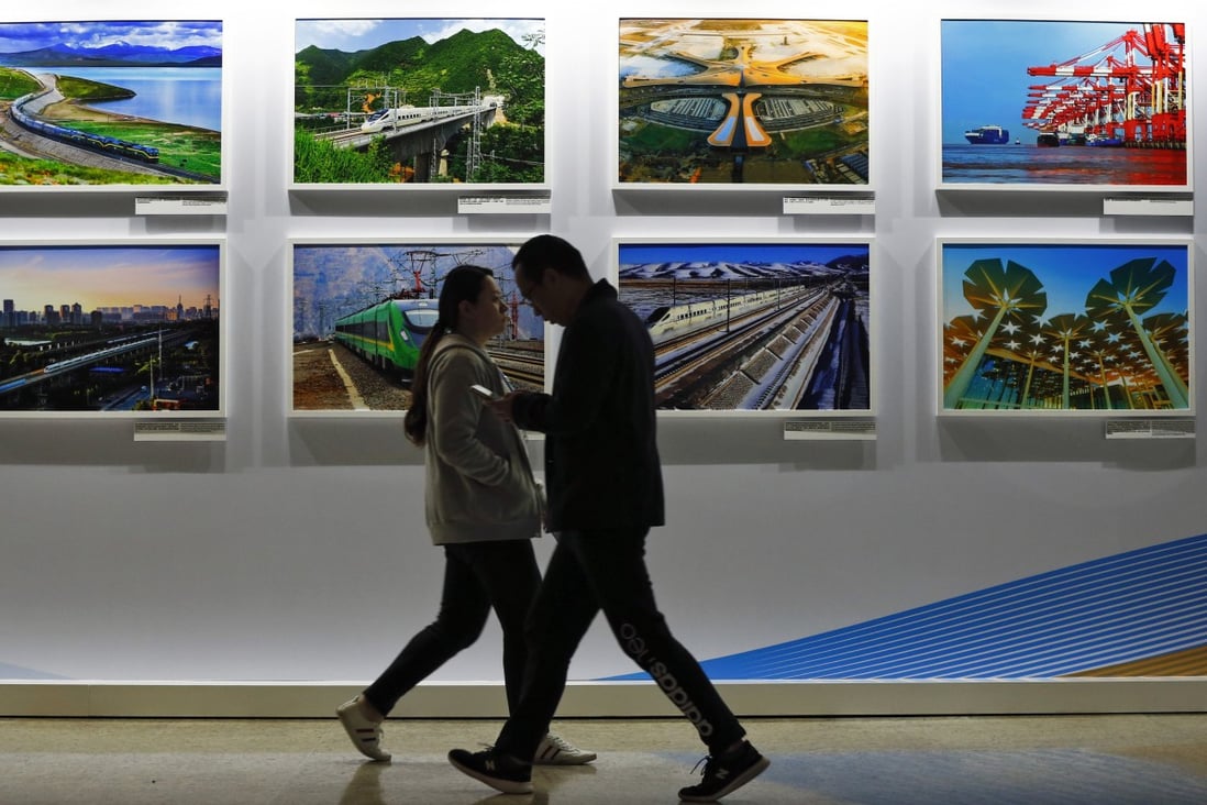 A display board showcases China’s construction projects at the 2019 Belt and Road Forum in Beijing. Photo: AP