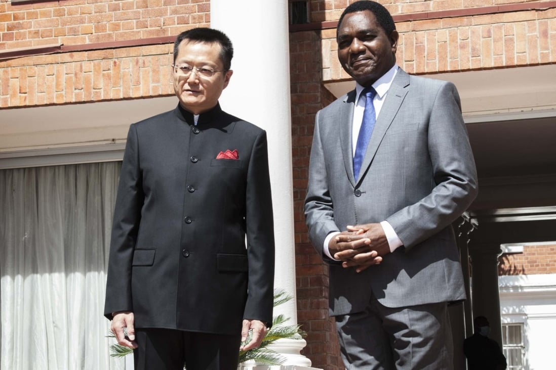 Zambian President Hakainde Hichilema and China’s ambassador to Zambia, Du Xiaohui, on May 12. Zambia said it had notified Chinese lenders and contractors about plans to cancel undisbursed loan balances for 14 projects. Photo: Xinhua