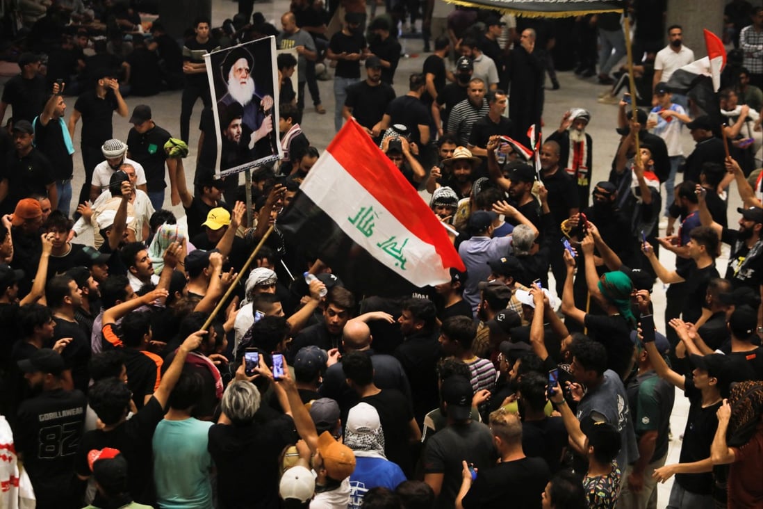 Supporters of Iraqi populist leader Moqtada al-Sadr gather during a sit-in at the parliament building in Baghdad, Iraq on Sunday. Photo: Reuters
