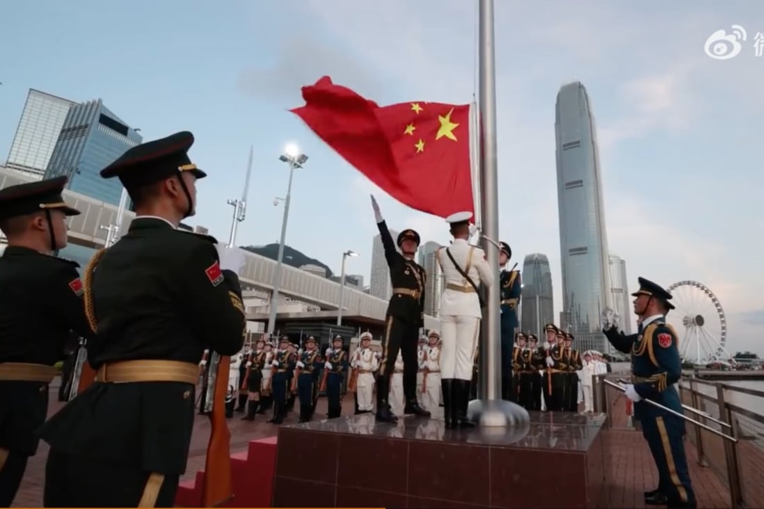 The People’s Liberation Army’s Hong Kong garrison organised a flag raising ceremony in Central on Monday morning to celebrate the PLA’s 95th anniversary. Photo: Weibo