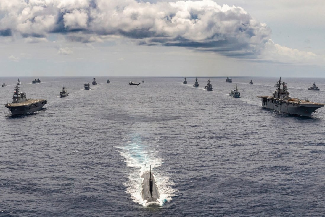 Ships and a submarine from 10 participating nations, including New Zealand, are seen during the US-led ‘Rim of the Pacific Exercise’ in 2020. Photo: US Pacific Fleet Handout