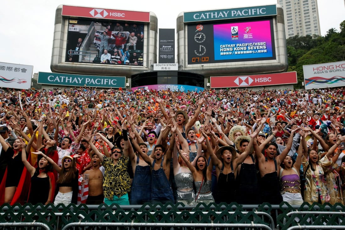 Rugby fans sing at the Rugby Sevens in the south stand of Hong Kong Stadium in April 2018. Photo: Reuters