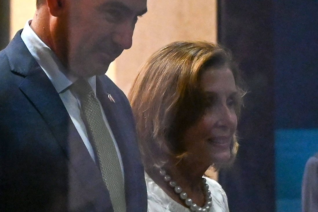 Speaker of the US House Nancy Pelosi leaves a reception organised by the American Chamber of Commerce in Singapore on Monday. Photo: AFP