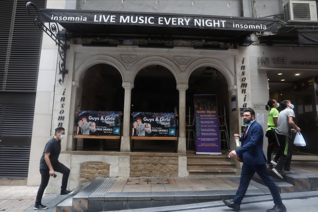 An advertisement for live music at a bar in Lan Kwai Fong in Central in September 2020. Photo: Jonathan Wong