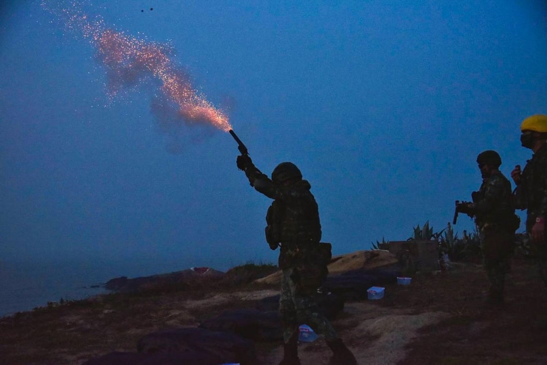 Taiwanese soldiers fire flares on a training exercise. Defence analysts doubt they will scare off drones. Photo: CNA