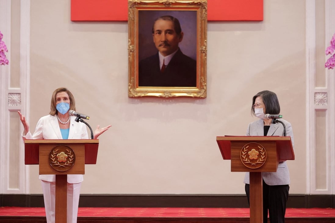 US House of Representatives Speaker Nancy Pelosi (left) speaks at a news conference with Taiwan President Tsai Ing-wen at the presidential office in Taipei on Wednesday. Photo: Taiwan Presidential Office via Reuters