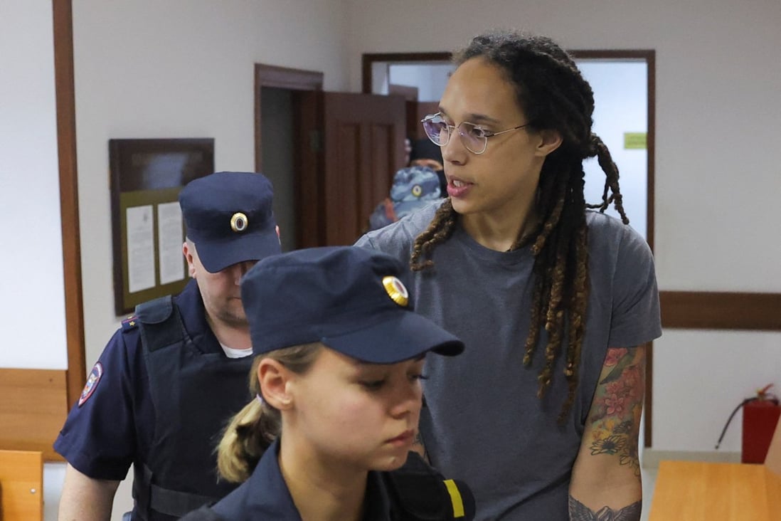 US basketball player Brittney Griner, who was detained at Moscow’s Sheremetyevo airport and later charged with illegal possession of cannabis, is escorted after the court’s verdict in Khimki outside Moscow, on Thursday. Photo: Reuters