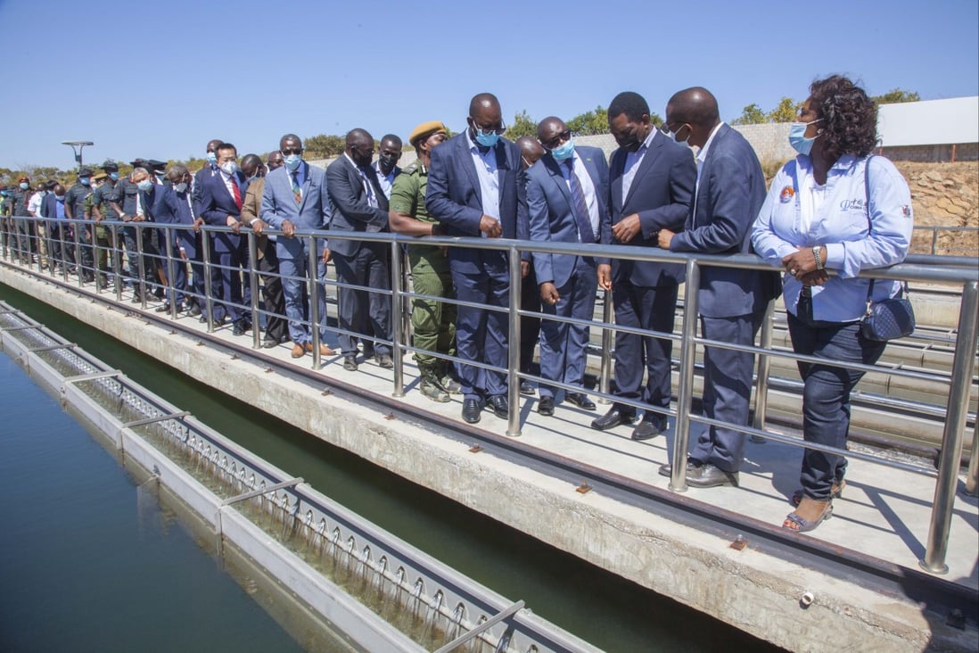 Zambian president Hakainde Hichilema (third from right) tours the Kafue Bulk Water Supply Project in Lusaka Province, which was financed by the Export-Import Bank of China. Photo: Xinhua