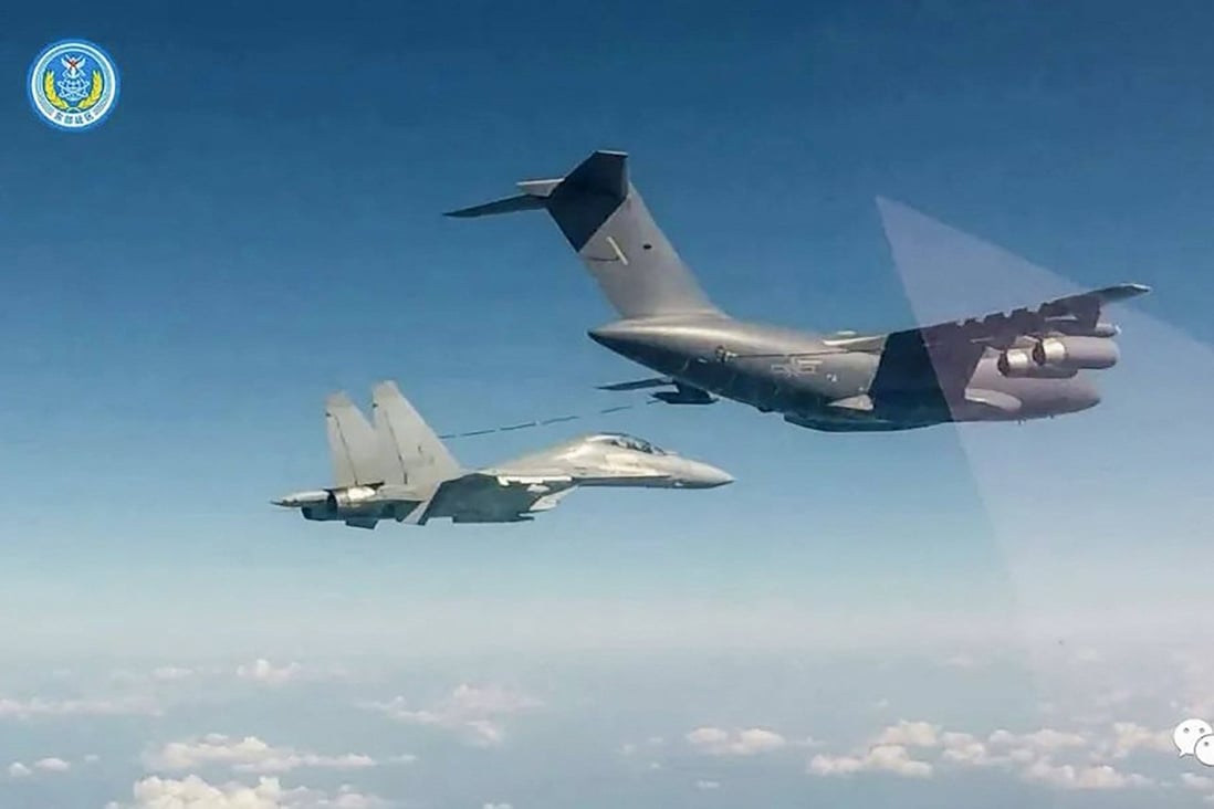 A PLA warplane refuels in mid-air during the recent exercises. Photo: AFP