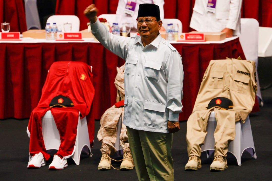 Indonesia’s Defence Minister Prabowo Subianto attends a party meeting in Bogor on Friday. Photo: Reuters