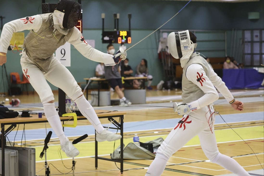 Cheung Ka-long (right) in  action against Ryan Choi during the LCSD Open Fencing Championships. Photo: Edmond So