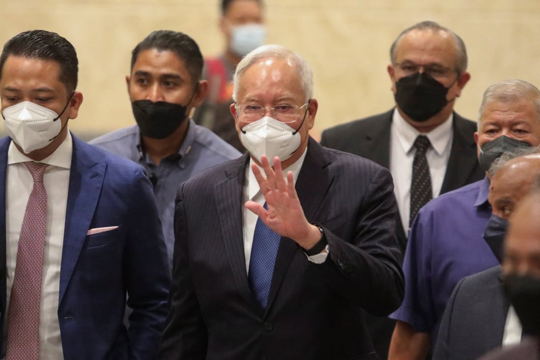 Former Malaysian prime minister Najib Razak (centre) during a break in proceedings at the Federal Court on Monday. Photo: Reuters