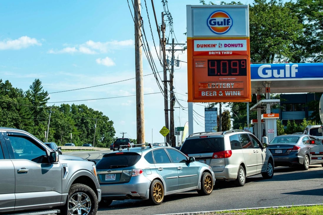 Drivers queue outside a petrol station in Lynnfield, Massachusetts, on July 19. Lower petrol prices were the primary driver of unchanged US headline inflation in July as compared to June, but the annualised rate was still 8.5 per cent. Photo: AFP