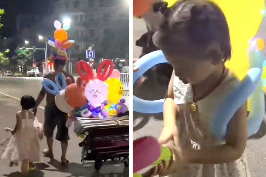 A father’s difficult decision to take his daughter with him when he sells balloons overnight went viral on the mainland Chinese internet. Photo: SCMP composite