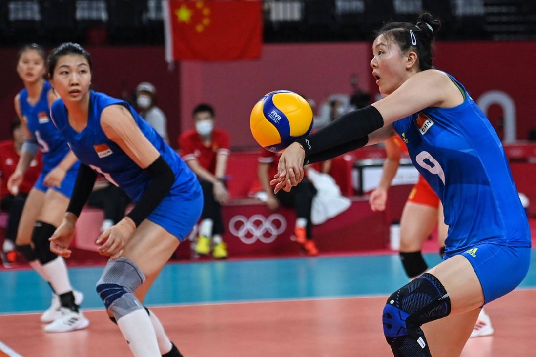 Zhang Changning hits the ball in the women’s preliminary round pool B volleyball match between China and Argentina at the Tokyo 2020 Olympic Games. Photo: AFP