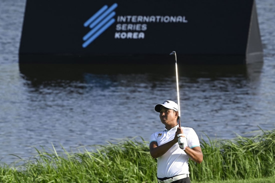 Pavit Tangakamolprasert of Thailand hits a shot during the first round of the International Series Korea golf tournament at the Lotte Skyhill Country Club in Jeju. Photos: AFP