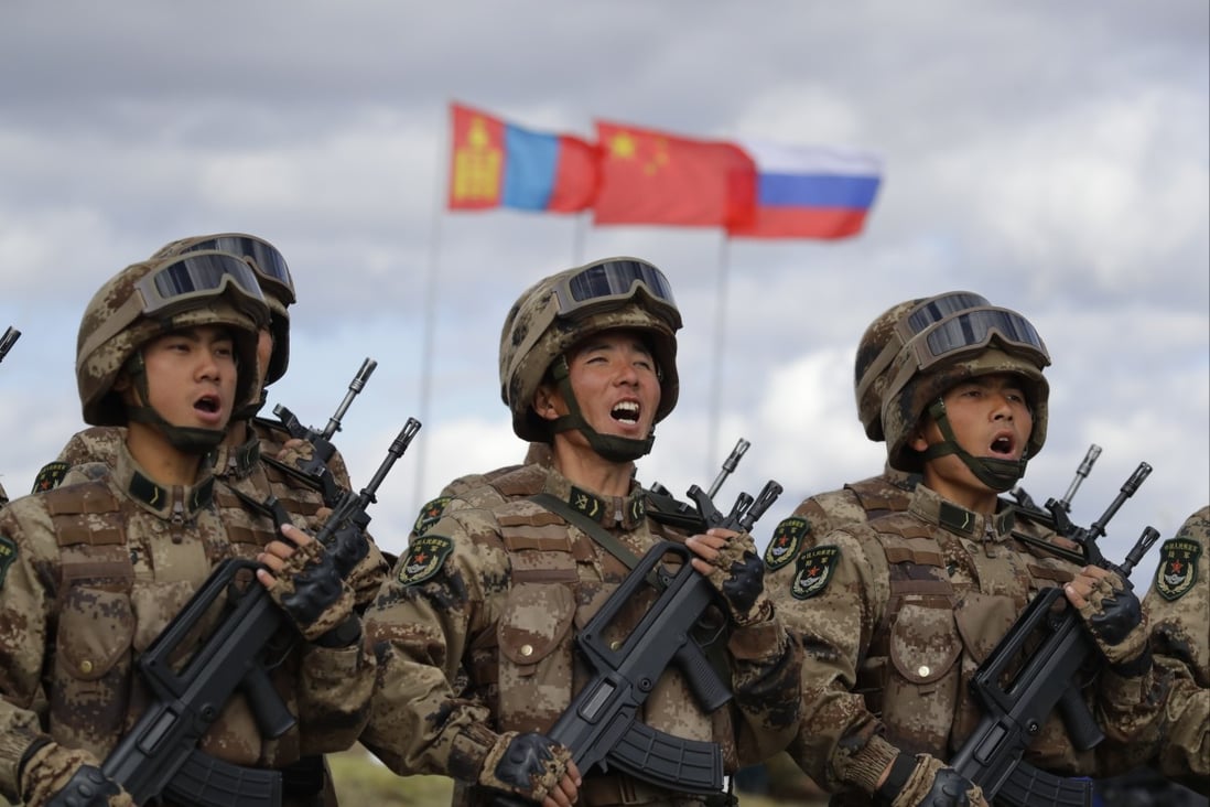 Chinese troops march during the Vostok military exercise in eastern Russia in September 2018. Photo: AP