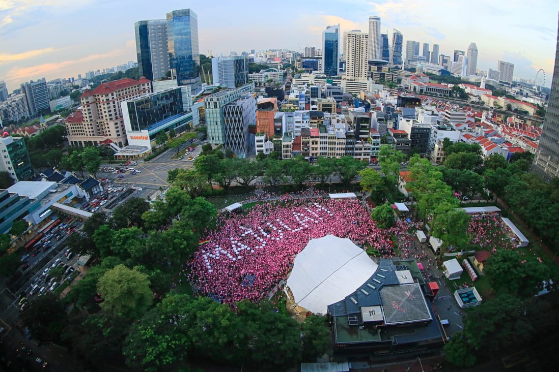 An aerial view of the Pink Dot gay rights rally in Singapore in June, attended by thousands. ‘Majulah Singapura’ is the nation’s national anthem. Photo: Pink Dot