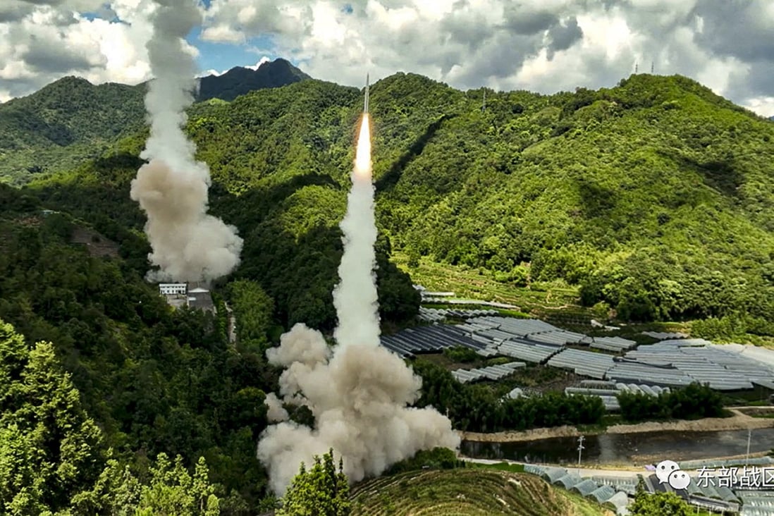 The rocket force under the PLA Eastern Theatre Command conducts conventional missile tests into waters off the eastern coast of Taiwan from an undisclosed location on August 4. Photo: Handout via Reuters 
