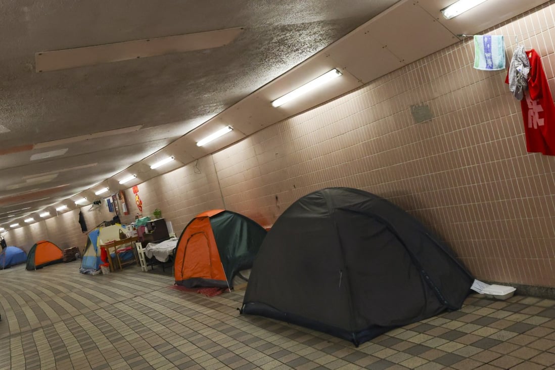 Homeless people camp in an underpass in Causeway Bay on February 22, 2022. Photo: Nora Tam