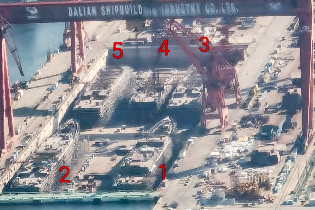 Pictures circulating on Weibo appear to show five Type 052D destroyers being built in northeast China. Photo: Weibo 