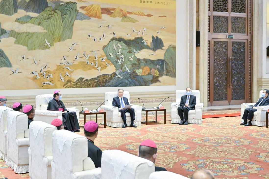 Top political adviser Wang Yang (centre) meets the new leaders of the Chinese Catholic Patriotic Association and the Bishops’ Conference of the Catholic Church in China on Tuesday. Photo: Xinhua