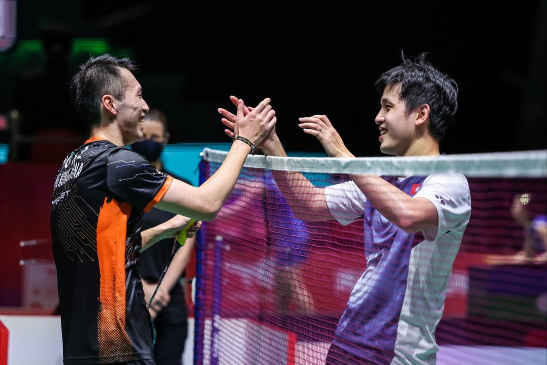 Vincent Wong (right) is greeted by fellow Hongkonger Angus Ng after Wong’s final match, at the World Championships in Tokyo. Photo: Badmintonphoto
