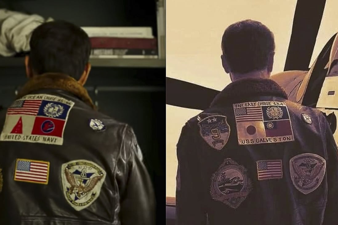 Tom Cruise’s character wears a bomber jacket with a patch featuring the Taiwanese and Japanese flags in the original ‘Top Gun’ film (right). The flags were initially replaced in the trailer for this year’s sequel (left). Photo: Twitter