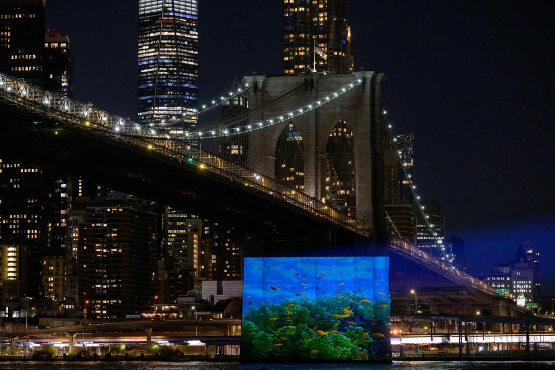 Images by Greenpeace calling for action to finalise a strong Global Ocean Treaty at the United Nations are projected onto the Brooklyn Bridge in New York City. Photo: AFP