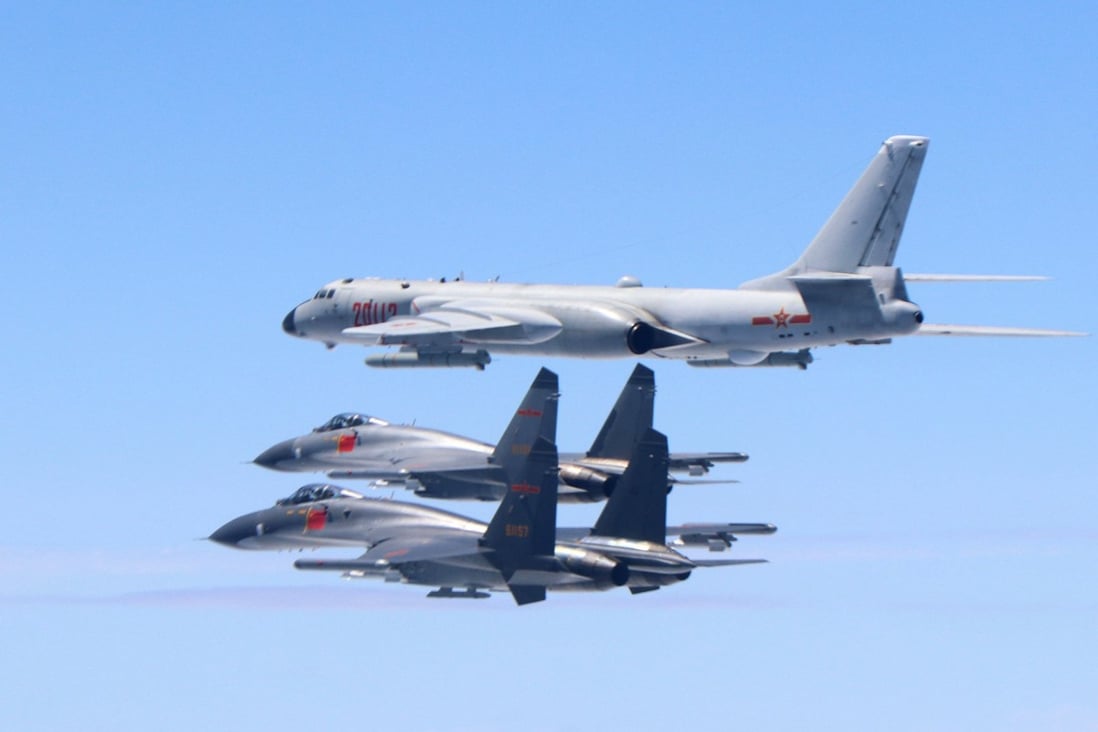 An H-6K bomber flies in formation with two J-11 fighter jets. PLA warplanes, including H-6Ks, have made frequent sorties into Taiwan’s  air defence zone in recent years. Photo: Xinhua
