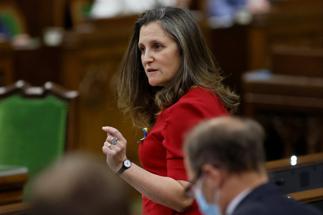 Canada’s deputy prime minister and finance minister Chrystia Freeland in the House of Commons on Parliament Hill, Ottawa, Ontario, Canada in February. Photo: Reuters