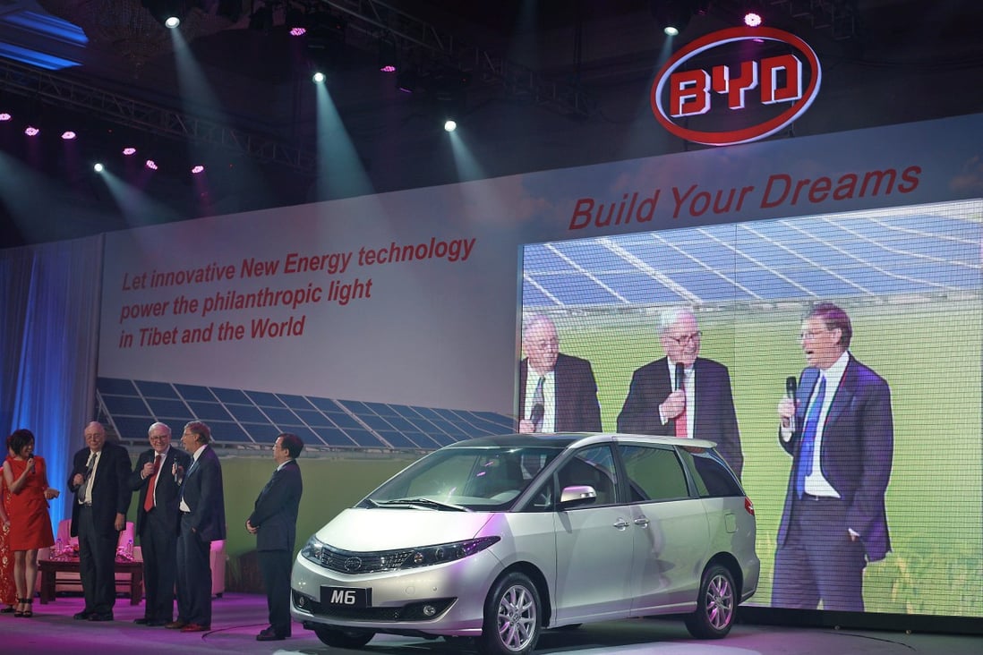 Investor Warren Buffett, center, Microsoft founder Bill Gates, second from right, Charlie Munger, vice chairman of Berkshire Hathaway, second from left, and BYD Chairman Wang Chuanfu, right, unveil BYD’s M6 model in Beijing on September 29, 2010. Photo: AP